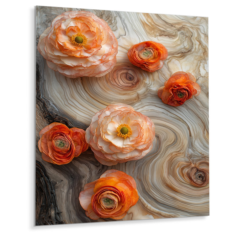 Fleurs d'œillets d'été sur la glissade en bois I - Renoncule, art mural en métal, H 20 po x l 12 po