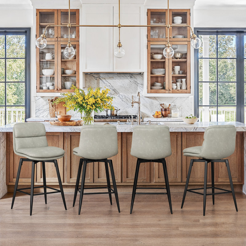 26" Swivel Upholstered Counter Stool With Metal Frame, Light Beige Gray