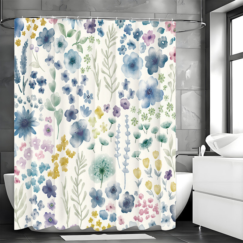 Rideaux de douche floraux avec crochets inclus, Bleu