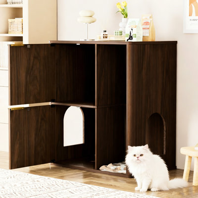 Litière pour chat de 31,5 pouces de couleur noyer, avec un arbre, deux portes et une tablette de rangement spacieuse. Cache élégamment la boîte, a des ouvertures arquées pour y accéder, grattoir en corde de chanvre. Fabriqué