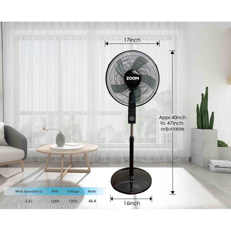 Ventilateur sur pied ZOOM de 16 pouces à 5 pales, 3 vitesses et poignée ergonomique, haute vitesse