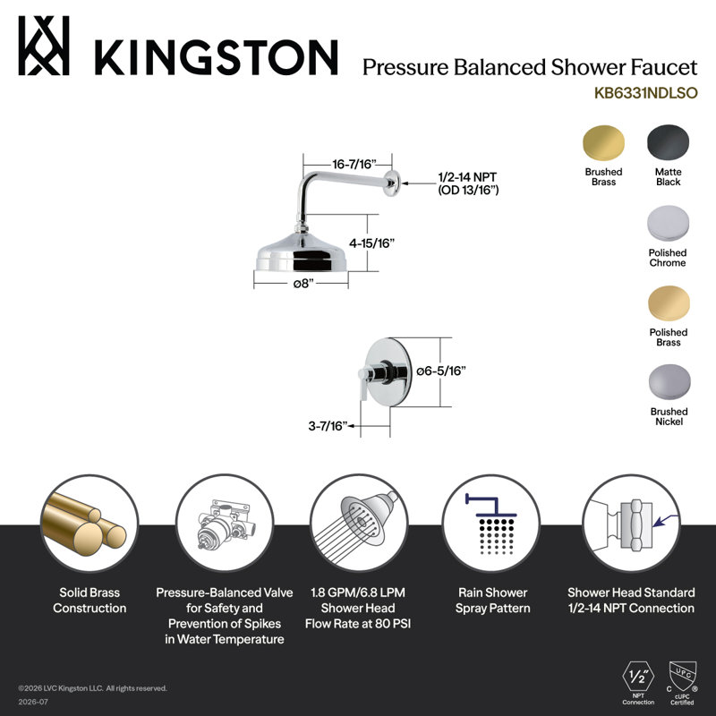 Kingston Brass NuvoFusion Single-Handle Pressure Balanced Shower Faucet, Brushed Brass