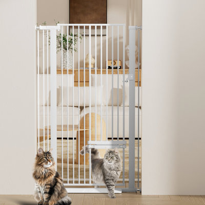 Barrière pour chat extra haute de 140 cm, largeur réglable de 75 à 89 cm, avec chatière ajustable, fixation par pression, facile à assembler, barrière pour chien pour porte, escalier, couloir (blanche)