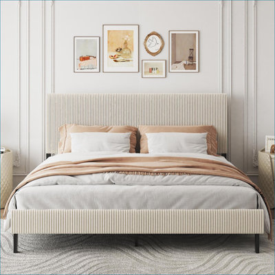 Très grande base de lit tapissier en métal, capacité stable de 800 lb, beige pour la chambre principale
