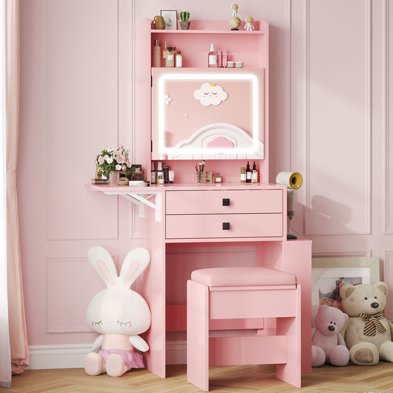 Small Makeup Vanity Desk With 3 Adjustable Lighted Mirror, Pink
