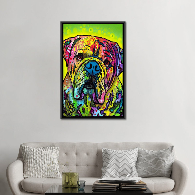 «Hey Bulldog» par Dean Russo, reproduction sur toile tendue, H 26 po x l 18 po x P 1,5 po, Cadre noir