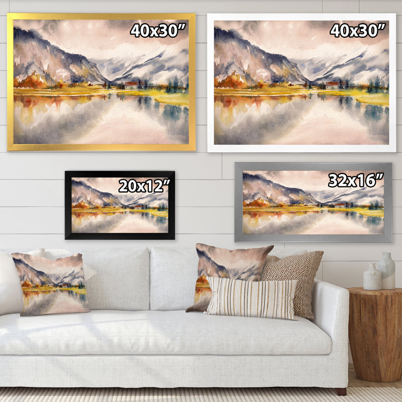 Paysage d'automne avec le ciel reflété sur le lac - Peinture sur toile, H 16 po x l 32 po, Cadre noir