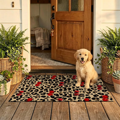  Non-Slip Indoor Outdoor Door Mat, 16"x24",Leopard cherry farmhouse