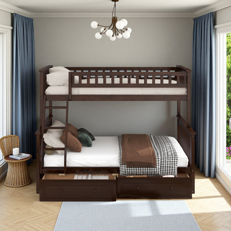 Lit simple superposé au dessus d'un lit double avec tiroirs de rangement, Espresso