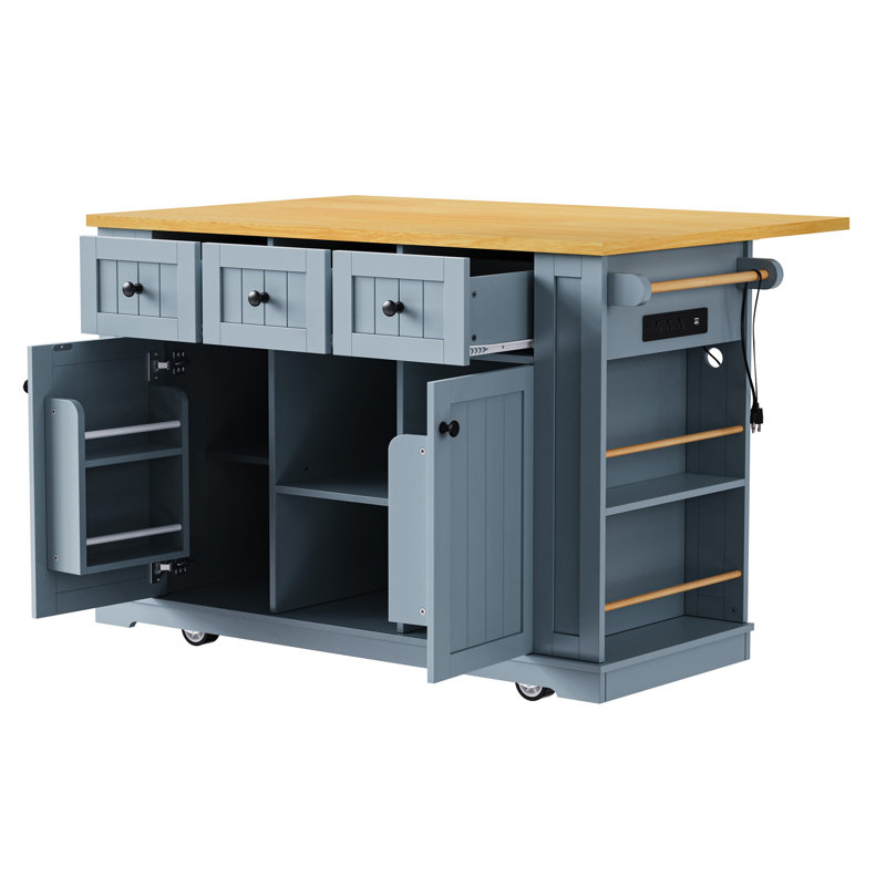 Grand îlot de cuisine de 53 pouces avec 2 tabourets de bar, Bleu