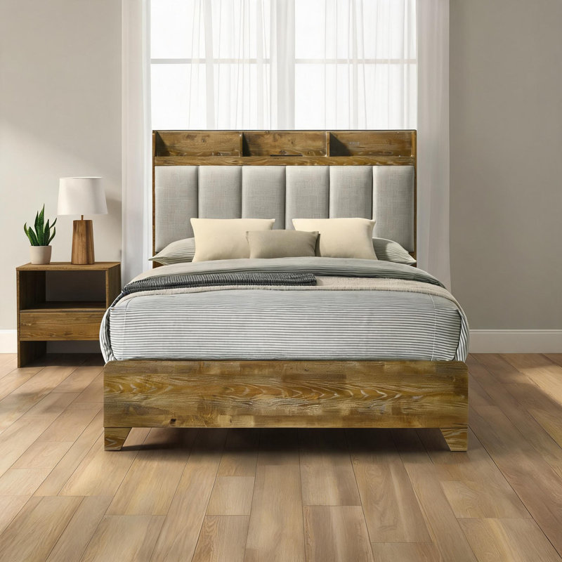Residential bedroom daily sleep use, brown-toned faux leather upholstered queen size bed frame with USB