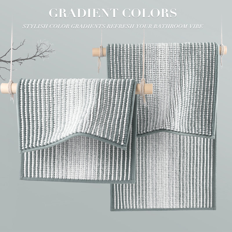 Soft Shaggy Absorbent Non-Slip Bath Mat, 20" x 47" Plus 16" x 24", Light Grey