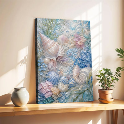 Grand coquillage avec fleurs marines pastel et perles sous-marines, impression sur toile aquarelle côtière pour la décoration d'une maison de plage
