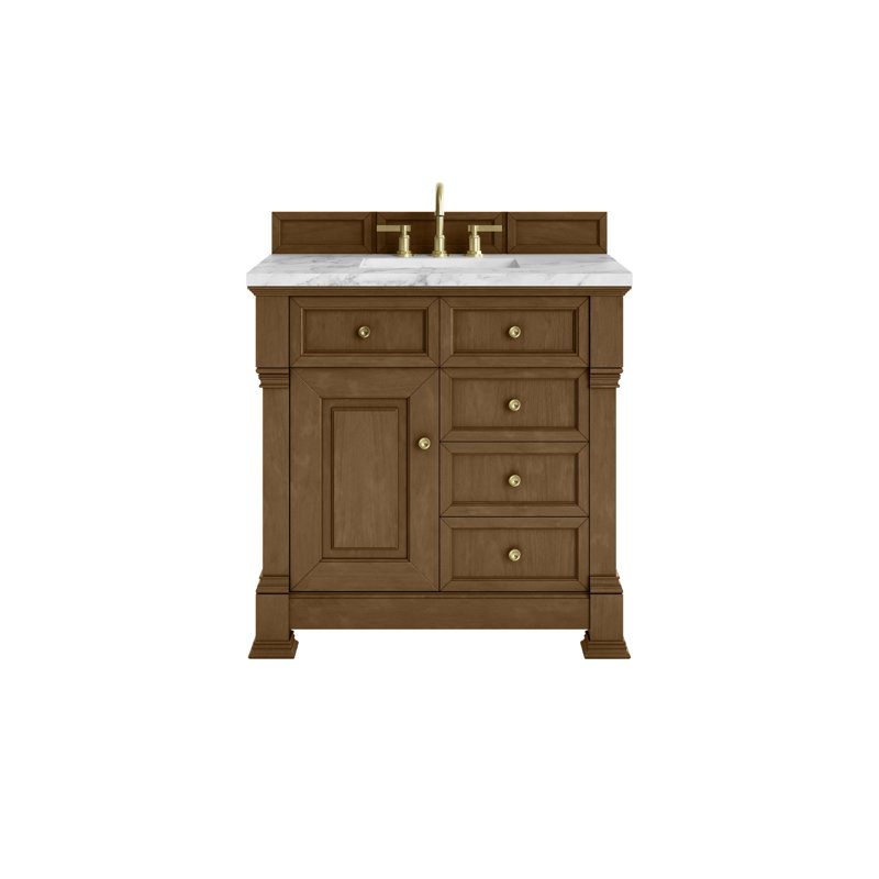 Meuble-lavabo simple 36 po avec plateau Brookfield, Chêne miel, Blanc de Carrare, À entraxe