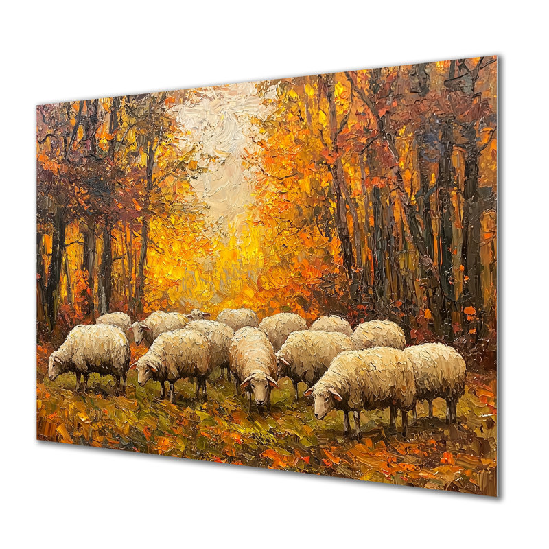 Automne paissant de la famille des moutons - Impressions métalliques de moutons, H 30 po x l 40 po