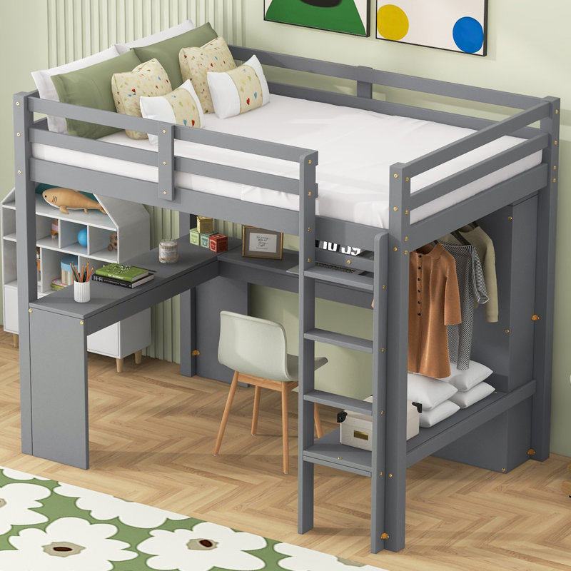 Lit mezzanine avec bureau en L, Gris, Lit simple