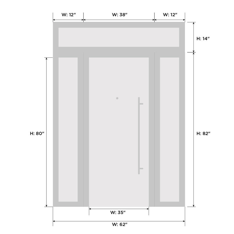 Porte d'entrée extérieure prémontée en PVC-U, modèle Manux 8415 Blanc Soie, avec imposte et panneau latéral, pour bureaux, commerces et habitations (entrée, patio, garage). Dimensions : 56 x 94 pouces (L 12 + 32 + 12 x H 80 + 14 pouces). Ouverture à gauche vers l'intérieur.
