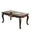 Table basse rectangulaire 1 pièce, style traditionnel élégant, en bois massif couleur tabac riche, pattes, détails et touches dorées, 122 cm L x 70 cm P x 52 cm H, ornements raffinés.