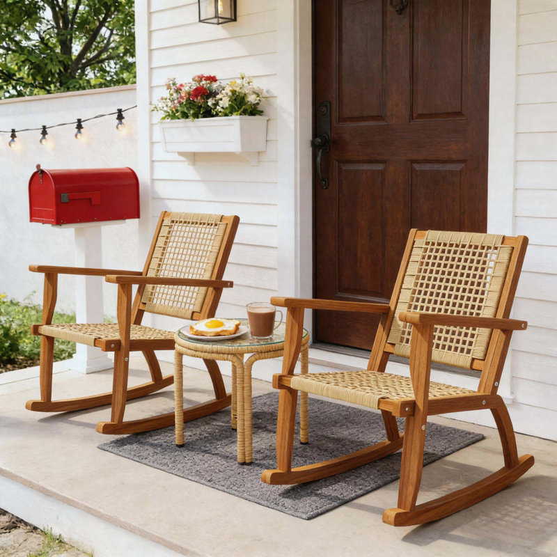 Ensemble de 2 chaises berçantes d'extérieur, chaises berçantes en bois d'acacia avec osier PE pour porche et cour