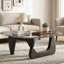Table basse triangulaire moderne en verre avec base en bois massif noir, plateau en verre trempé gris, coins arrondis, L 32,5 po x l 22,5 po x H 16 po