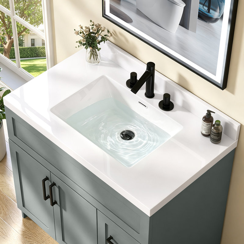 30" W × 22" D Solid Surface Vanity Top with Integrated Center Single Sink White Bathroom Countertop 3.5" Backsplash & 3 Pre Drilled Faucet Holes for 8" Widespread