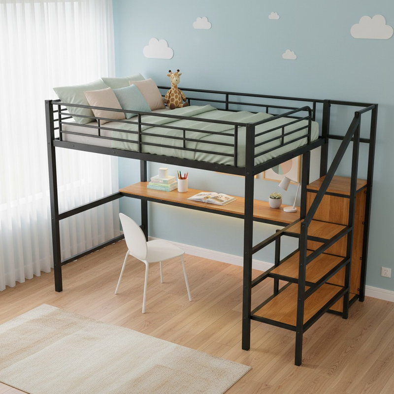 Kids Full Loft Bed, Black/Brown