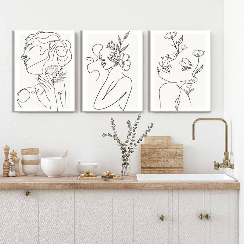 Minimalist Woman Flower Line Wall Art Set of 3 Neutral Modern Abstract Black and White Girl Canvas Painting Poster Prints Picture Wall Decor for Bedroom Living Room Framed 12x16 inch