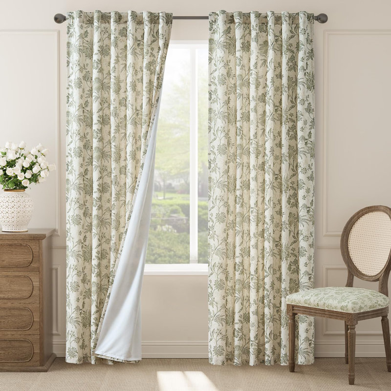 Linen Blend Semi Sheer Pod Pocket Floral Patterned French Country Curtains, 50" W x 84" L, Green