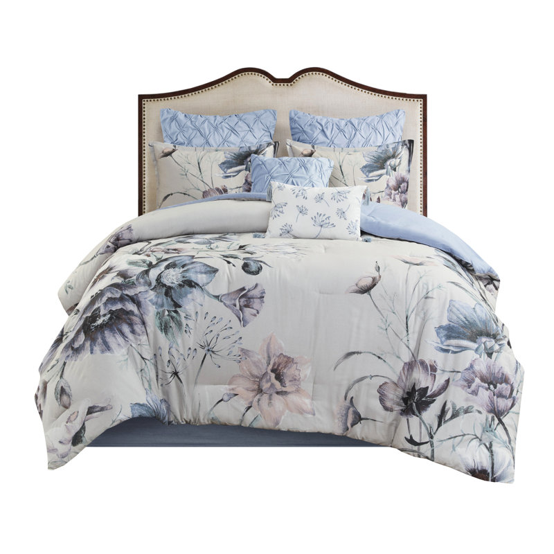 Édredon 8 pièces bleu - très grand motif floral de literie de style chic et chic avec coussins décoratifs élégants