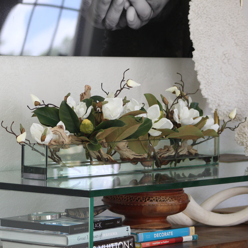 Magnolia Arrangement in Planter, 8" H x 36" W x 4" D, White