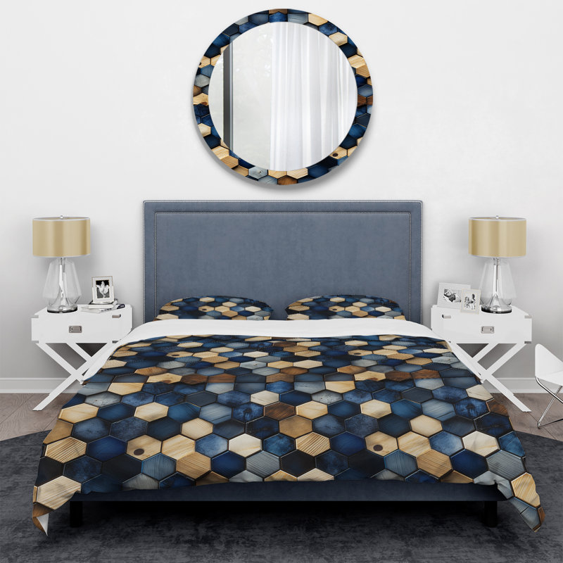 Ensemble de housse de couette beige et bleu Hexagones Symmetry, Housse de couette simple + 1 taie décorative stan