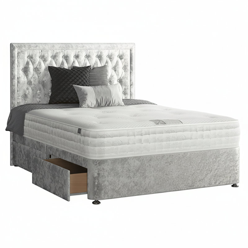 Gallego Upholstered Divan Bed, Single (3'), Silver, 2 Left Drawers