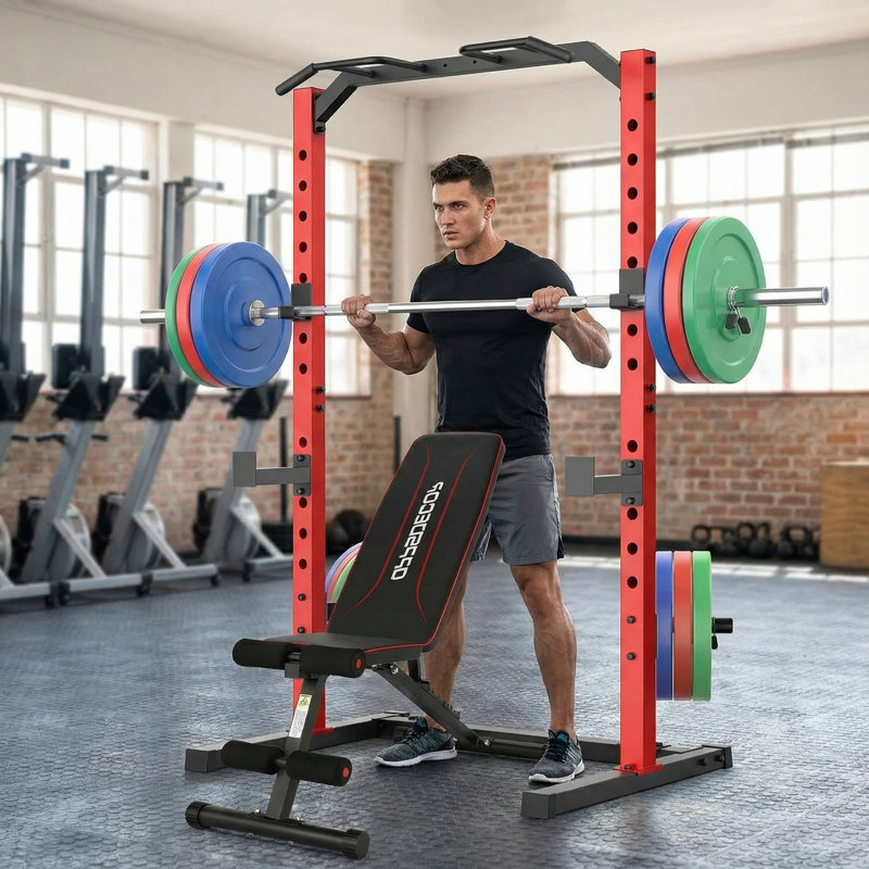 Himimi Power Cage with Adjustable Weight Bench, Pull-Up Bar and J-Hooks for Home Gym Strength Training