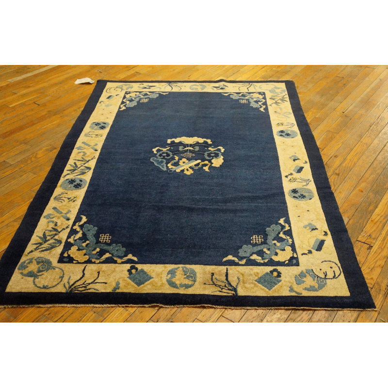 Solid Open Blue Color Field Antique Chinese Floral Medallion Pattern Peking Rug