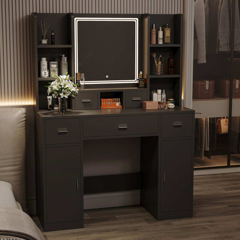 Coiffeuse noire avec 5 tiroirs et tablettes pour une conception élégante, Noir