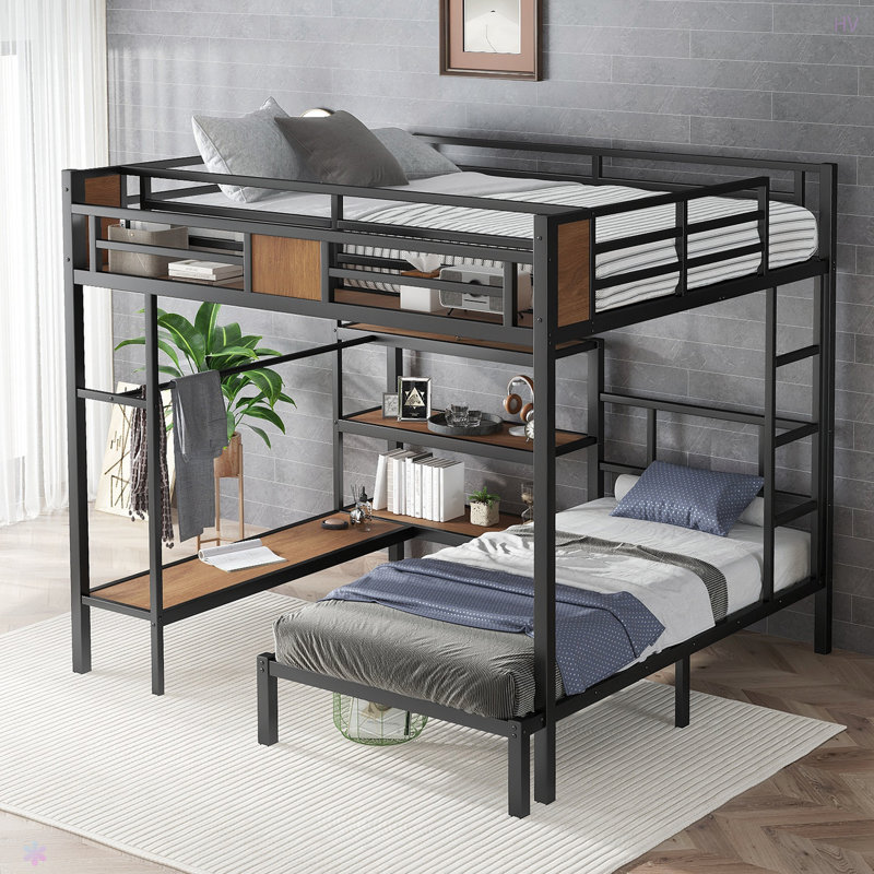 Grand lit superposé simple avec espace de rangement sur le lit supérieur, lit inférieur avec cintres et tablettes, peu encombrant / réduit le bruit