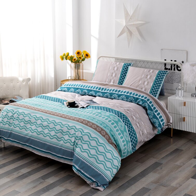 Blue and White Floral Bedding Striped Duvet Cover Set