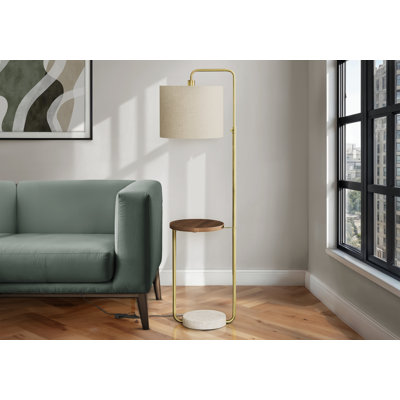 Contemporary Brass Floor Lamp, 67" Tall, With USB Charging Port And Beige Fabric Shade | Gift Idea