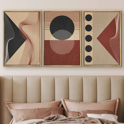 " Geometric Art Deco Black Red Polygon Collage Nature Abstract Modern Art Boho Decor " 3 Piece Art Set