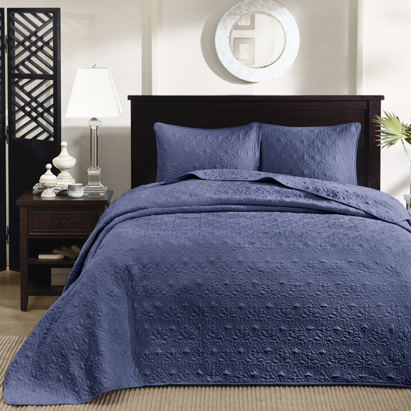 Couvre-lit réversible bleu marine très grand - Rembourrage élégant en coton prélavé avec surpiqûres pour la durabilité et deux taies décoratives