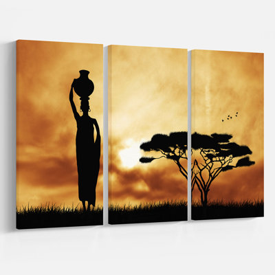 «African Woman and Lonely Tree», ensemble de 3 reproductions d'art sur toiles tendues