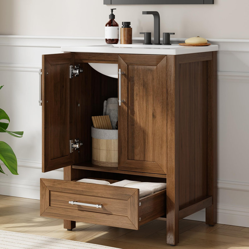 Bathroom Vanity with Ceramic Basin, Bathroom Storage Cabinet with Drawer and 2 Soft Closing Doors, 24", Dark Brown