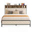 Cadre de lit Queen Size industriel à deux niveaux avec rangement intégré, tête de lit capitonnée en losanges et double port USB, en fer