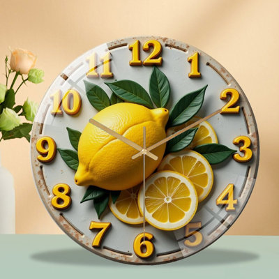 Rustic distressed wall clock centered with vivid lemon fruits, sleek flat yellow 5D numerals, silent sweep quartz mechanism with tempered glass cover. Bright citrus farmhouse design, lovely wall ornament for kitchen, breakfast nook and cafe.