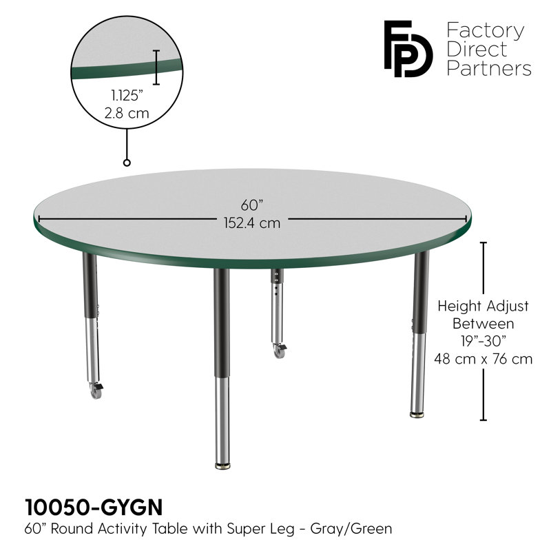 Table ronde à hauteur réglable, H 24 po x L 60 po x l 60 po, Gris / vert, Super