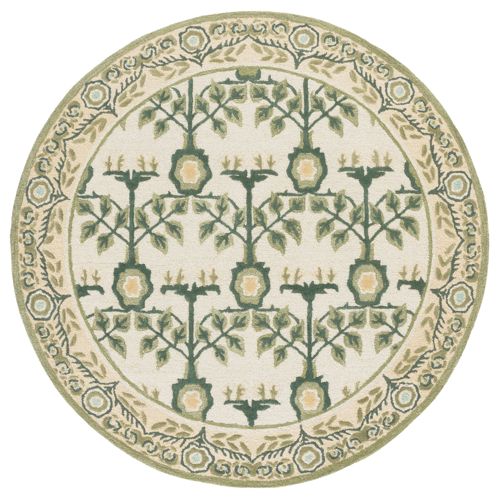 Ivory Sage Hand-Tufted Floral Wool Rug, Round 6'