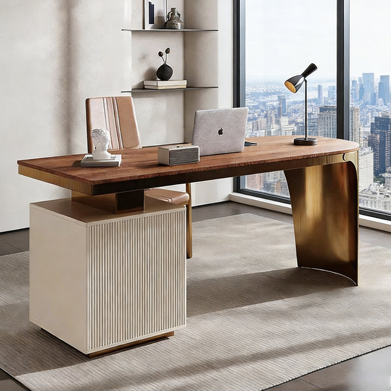 Bureau de direction ovale avec plateau en bois manufacturé et pieds en titane doré, 29.53" H x 55.12" W x 27.56" D