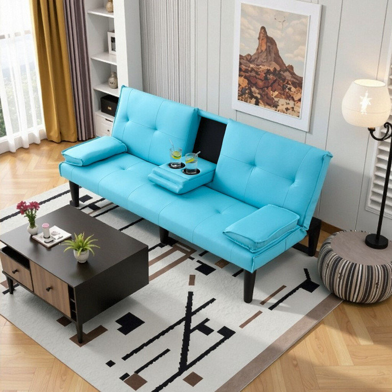 Canapé-lit convertible avec porte-gobelet, canapé pliable peu encombrant, Bleu