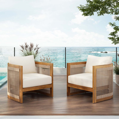 Fauteuil club d'extérieur en bois d'acacia de qualité supérieure, conception de baignoire incurvée avec accents de corde tissée, coussins résistants à l'eau, fabrication de lattes toutes saisons