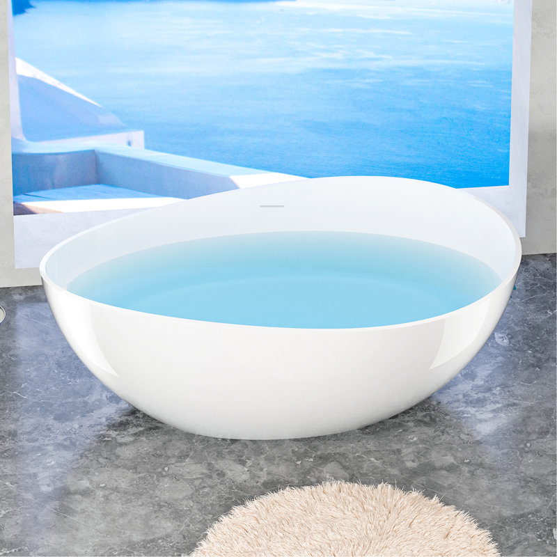 Baignoire de luxe autoportante blanche brillante en résine de 63 po avec design ergonomique et baignoire facile d'entretien, blanc, surface non poreuse à réparer
